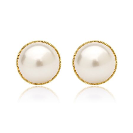 Wholesale Imitation Half-Pearl Button Earrings - Front view of a pair of imitation half-pearl button earrings with a polished gold-plated brass setting, style BEQ07-G-P-00380.