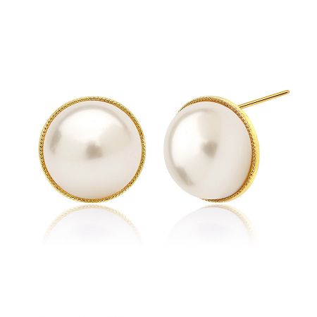 Side angle of the imitation half-pearl button earring, highlighting the post closure and construction.