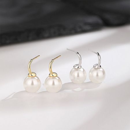 925 Sterling Silver Single Pearl C-Hook Earrings (5 Pairs) - A pair of 925 sterling silver single pearl C-hook earrings shown in both elegant silver and classic gold finishes.