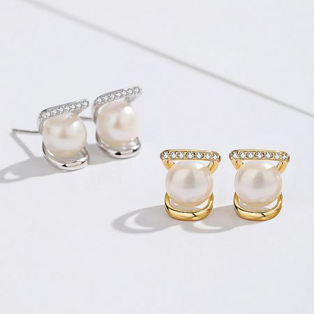 925 Sterling Silver Simple CZ Pearl Stud Earrings (5 Pairs) - A pair of 925 sterling silver pearl stud earrings and a gold-plated version, each with a single pearl and a small CZ stone accent, displayed on a white background.