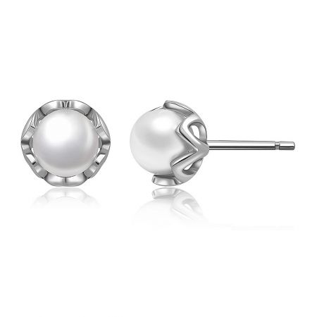 Front and back view of the minimalist pearl ear studs, highlighting the 925 sterling silver craftsmanship and design details.