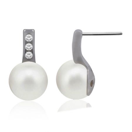 Side view of the shell pearl stud earring, highlighting the silver post and the detailed craftsmanship of the cubic zirconia setting.