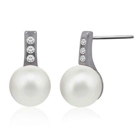 A pair of 8.5mm shell pearl earrings with brilliant cubic zirconia accents, shown against a white background.