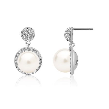 Front and back view of the pearl drop earrings, showing the post closure and detailed craftsmanship.