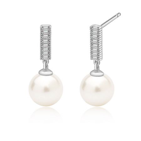 Detailed close-up of the pearl earrings showing the intricate silver and diamond settings.