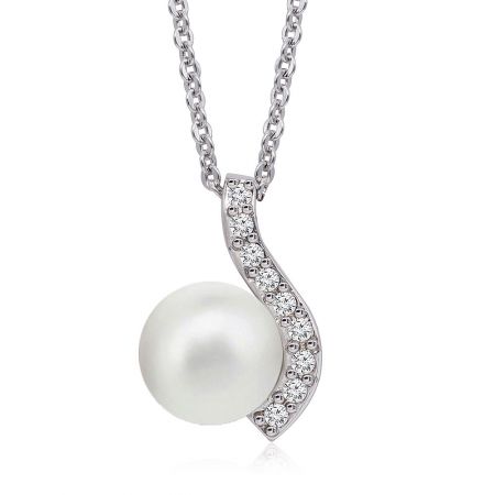 Angled shot of the Curved Wave Pearl Trendy Necklace pendant, displaying the shimmer of the cubic zirconia and the pearl's luster.