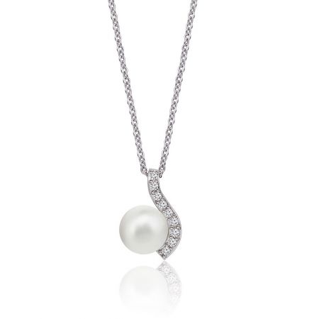 Curved Wave Pearl Trendy Necklace - Close-up of the Curved Wave Pearl Trendy Necklace, showcasing the rhodium-plated pendant with a white pearl and sparkling cubic zirconia accent.