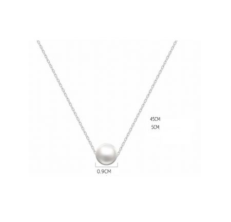 Silver shell pearl necklace with detailed measurements for the chain and pendant.