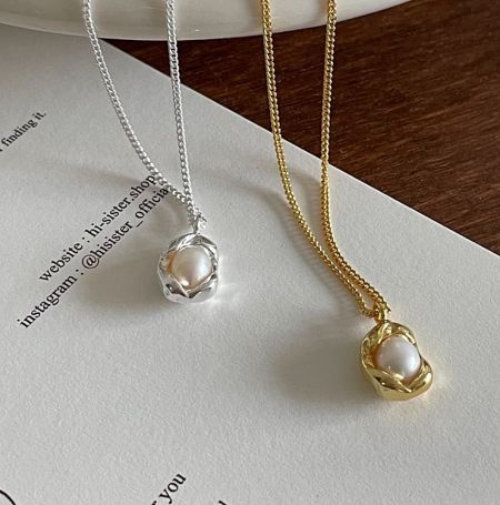 925 Sterling Silver Gold Plated Pearl Necklace - A pair of elegant 925 sterling silver pearl necklaces, one plated in gold and the other in silver, displayed on a neutral background to highlight their classic design.