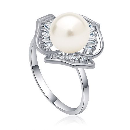 Side view of the Rose Pearl Cocktail Ring, highlighting the baguette-cut cubic zirconia and the large white pearl centerpiece.