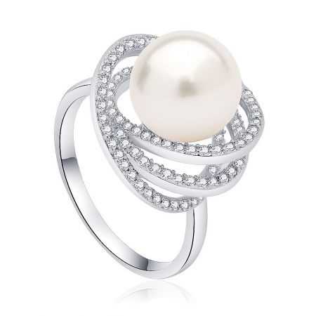 Side view of the Pearl and CZ Floral Halo Ring, showcasing the intricate setting of the cubic zirconia stones.