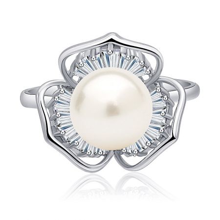 Rose Pearl Cocktail Ring - Close-up of the Rose Pearl Cocktail Ring, showcasing the central white pearl surrounded by a floral arrangement of cubic zirconia on a rhodium-plated band.