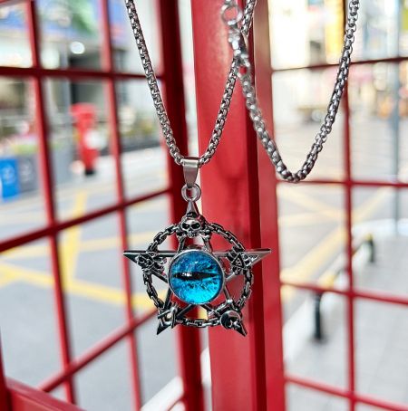 Pentagram-shaped evil eye necklace pendant with a striking blue gemstone at its center.