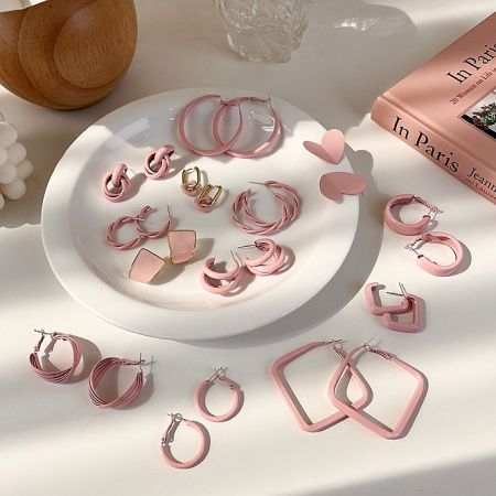 Pink Enamel Earrings Collection - A collection of stylish pink enamel earrings in various shapes, displayed for wholesale by JR Fashion Accessories.