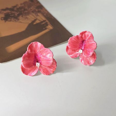 Enamel color 3D petal flower with zircon earrings (5 pairs) - A pair of enamel pink 3D petal flower earrings with sparkling zircon centers, crafted from gold-finished brass.