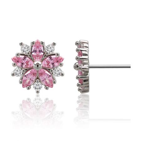 Side angle of the Pinky Floral Stud Earring, highlighting the rhodium plating and secure post closure.