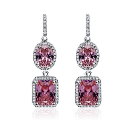 Double Pink Gemstone Drop Hook Earrings - A pair of Double Pink Gemstone Drop Hook Earrings with sparkling cubic zirconia accents, showcasing their elegant art deco design.