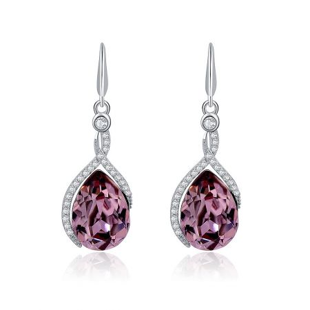 Attract Swarovski Jewelry Purple Hook Earrings - Front view of the Attract Swarovski Jewelry Purple Hook Earrings, showcasing the large pink gemstone surrounded by clear crystal pave in a rhodium-plated setting.