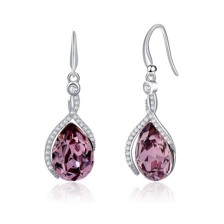 A pair of Attract Swarovski Purple Hook Earrings displayed on a white background to show their full design.