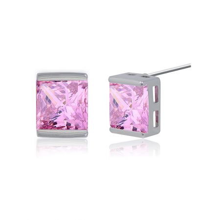 Side view of the pink CZ stud earrings highlighting the silver settings.