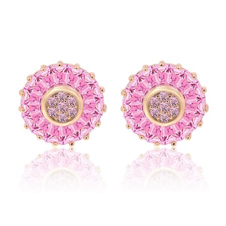 Pink Tone Flashed Round Stud Earrings - Front view of Pink Tone Flashed Round Stud Earrings, showcasing a circular design with a central cluster of pink cubic zirconia surrounded by larger stones, all set in polished rose gold plating.