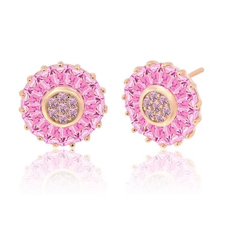 A pair of pink tone round stud earrings displaying a concentric circle design of brilliant cubic zirconia stones.