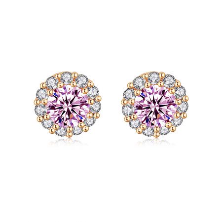 Rose Gold Plated Pink and White Zirconia Earrings - A close-up of the Rose Gold Plated Pink and White Zirconia Earrings, showcasing a central pink cubic zirconia stone encircled by smaller white stones on a rose gold stud setting.