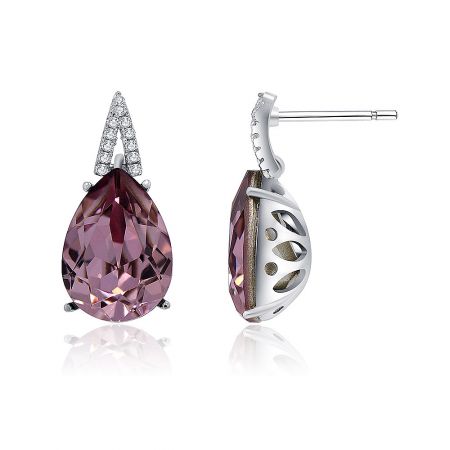 Side view of the purple Swarovski crystal earring showing the sterling silver post and clasp design.