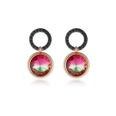Circle Earrings With Red Fire Glaze - A close-up of the Circle Earrings With Red Fire Glaze, showing the intricate rose gold plating, vibrant red glass, and sparkling black cubic zirconia crystals.