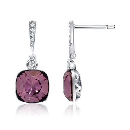 Close-up of the pink gemstone earrings, highlighting the brilliant facets of the crystal and the polished silver finish.