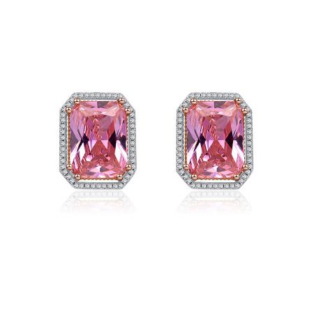 Rectangle Cushion Cut Pink Earrings - A close-up of the Rectangle Cushion Cut Pink Earrings, showcasing the large central pink gemstone set in a two-tone rose gold and rhodium-plated setting with a halo of small clear stones.
