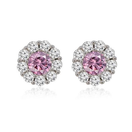 Classic Pink Round 10MM Stud Earrings - A pair of Classic Pink Round 10MM Stud Earrings featuring a central pink cubic zirconia surrounded by a halo of clear stones, set in rhodium-plated brass.