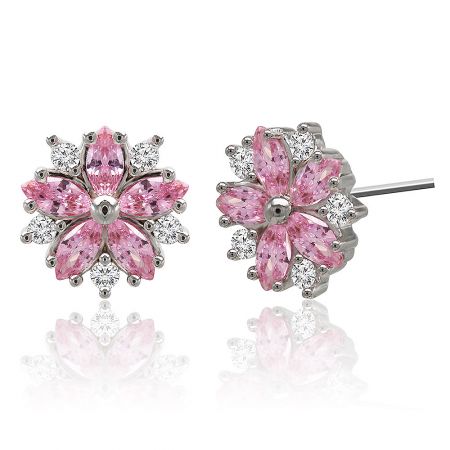 Detailed view of the Pinky Floral Stud Earring, showcasing the intricate arrangement of pink and clear cubic zirconia stones.