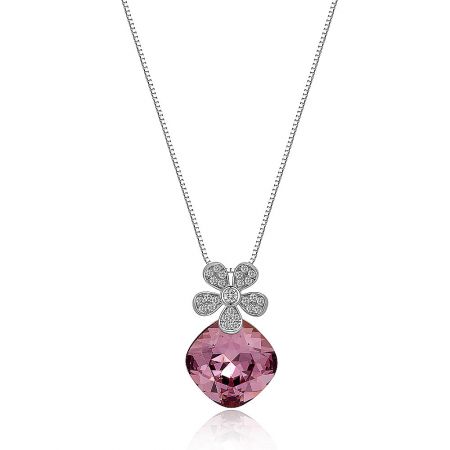 Lovely Flower Necklace with Pink Big Swarovski Crystal - Lovely Flower Necklace with a large pink Swarovski crystal pendant, crafted from rhodium-plated 925 sterling silver, on a white background.