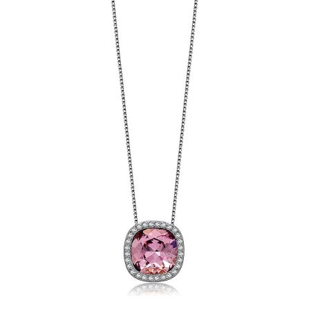 Square Pink Swarovski Crystal Necklace - Front view of the Square Pink Swarovski Crystal Necklace, showcasing the sterling silver pendant with a central pink crystal.