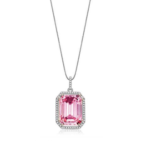 Chic silver necklace showcasing a rectangular pink gemstone pendant surrounded by diamond accents.