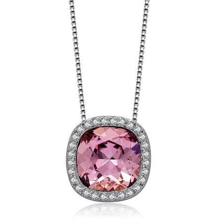 Detailed side view of the pink Swarovski crystal pendant necklace.