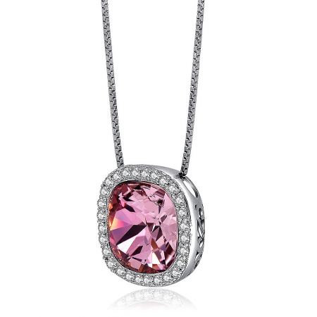 Close-up of the clasp and chain of the square pink crystal necklace.