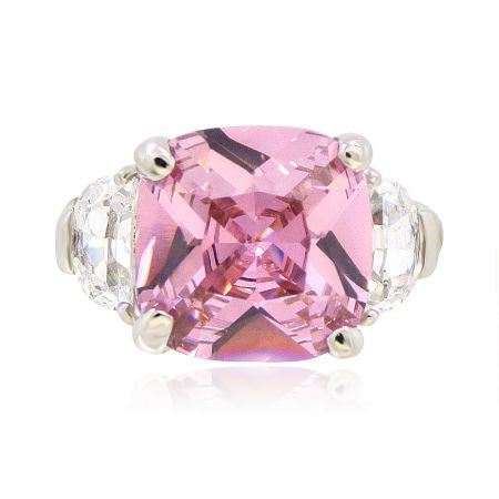 Pink Cushion Cut Promise Ring - A close-up view of the Pink Cushion Cut Promise Ring, showcasing its brilliant 12x12mm pink gemstone and rhodium-plated brass band.