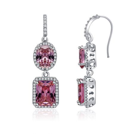 Side view of the two-part pink gemstone drop earrings, highlighting the oval and rectangular cuts.