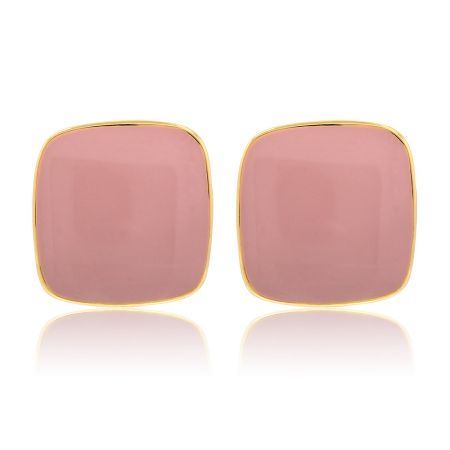 Enamel Square Elegant Pinky Studs - A close-up view of the Enamel Square Elegant Pinky Studs, showing their pink epoxy surface and gold-plated brass trim.