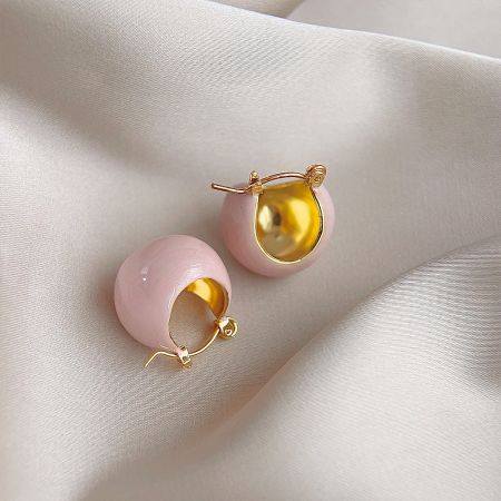 Pink Enamel Gold Plated Bucket Hoop Stud Earrings (Set of 5 Pairs) - A close-up studio shot of the pink enamel and gold-plated bucket hoop stud earrings, showcasing their spherical shape and hinged design.