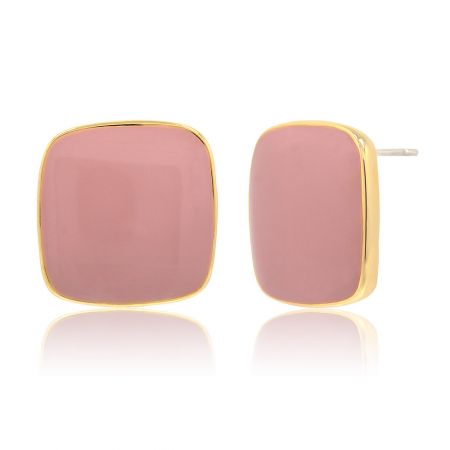Side profile of the pink and gold square stud earrings, highlighting the post closure.
