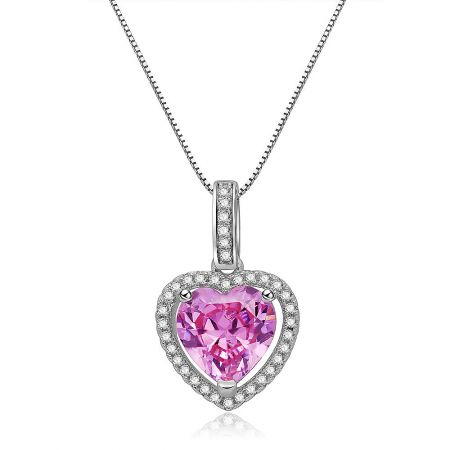 Glow Pink Heart Necklace with a large pink gemstone on a silver chain.