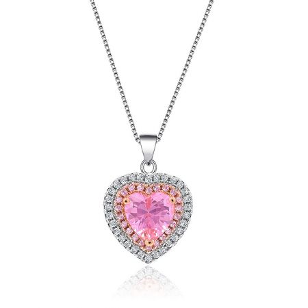 Heart Shape Gemstone I Do Necklace - A detailed view of the Heart Shape Gemstone I Do Necklace, showcasing its pink heart-shaped cubic zirconia centerpiece and two-tone rhodium and rose gold plated setting.
