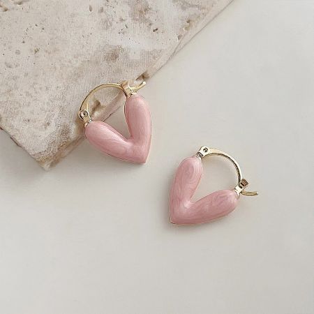 14k Gold Plated Double-Side Pink Enamel Heart Hoop Earrings (5 Pairs) - A pair of 14k gold-plated heart hoop earrings with vibrant double-sided pink enamel, showcasing the detailed craftsmanship and gold clasps.
