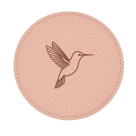 Pink PU leather coaster with a colorful printed hummingbird design.