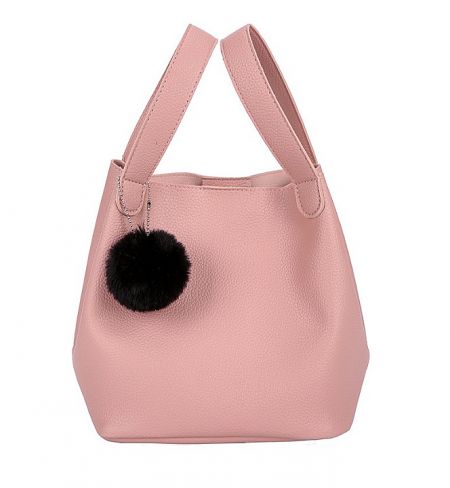 Mini Tote Bag - Customizable PU Leather Handbag - A stylish pink PU leather mini tote bag from JR Fashion Accessories, featuring a chic black pom-pom keychain, showcasing custom handbag options.