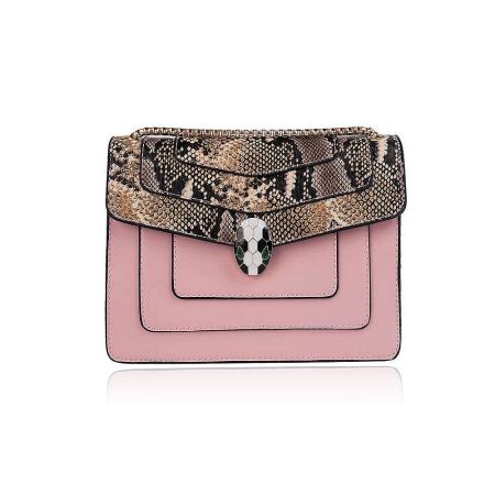 Elegant pink leather handbag featuring a snakeskin flap and a silver snake head buckle.