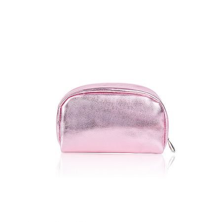 Angled view of the shiny pink PU leather makeup pouch.
